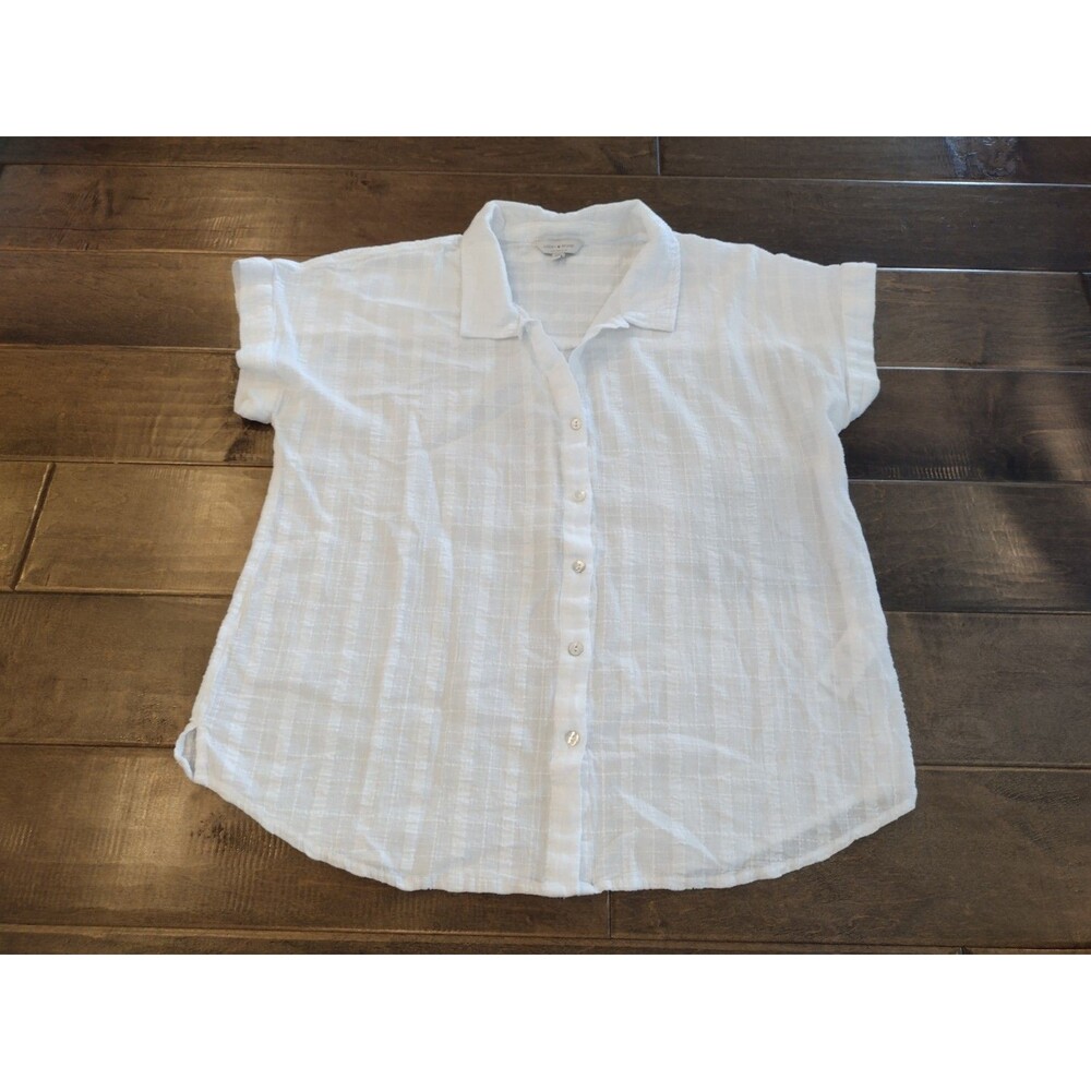 LUCKY BRAND Women's white cotton short-sleeve button collar shirt top - M
